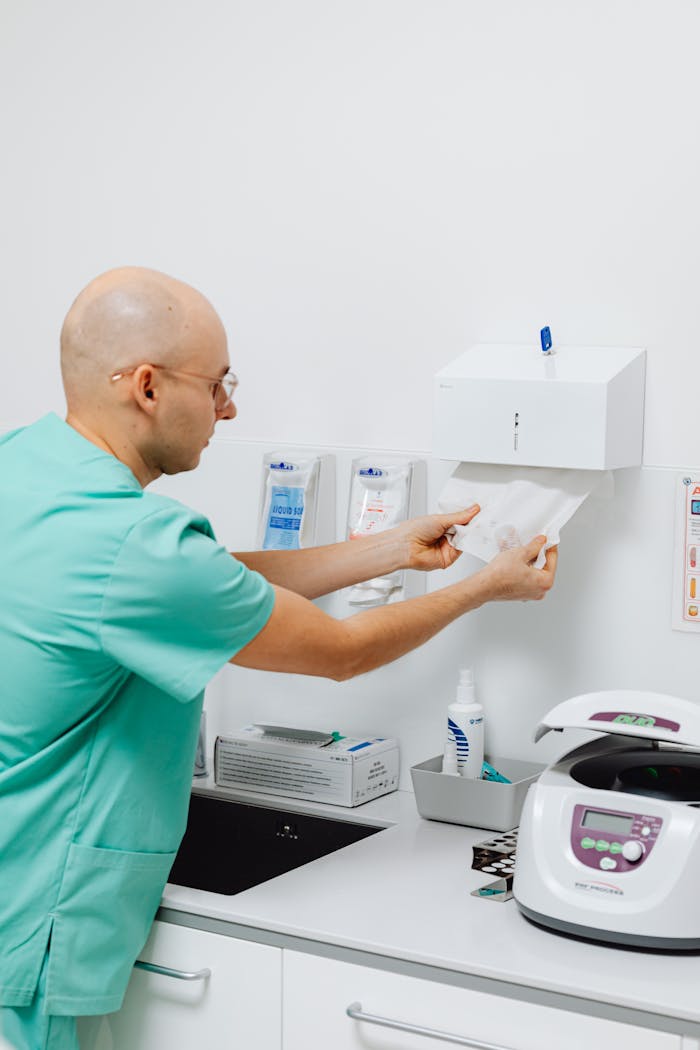 A dentist in a clinic preparing materials with medical instruments visible, promoting hygiene.